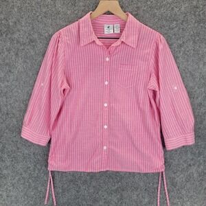 Caribbean Joe Shirt Womens L Pink White Striped Button Up Roll Tab Side Rouche